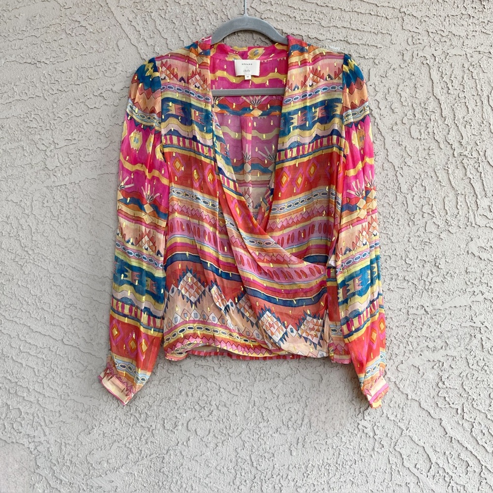 SEZANE x CHUFY Pink Orange Semi Sheer Metallic Printed Draped Abelia Wrap Blouse